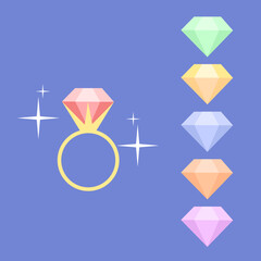 Cartoon vector illustration showing different color of diamond wedding ring. Engagement, marriage and love symbol set