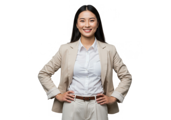A smiling asian businesswoman in a beige suit stands confidently with hands on her hips isolated on transparent background