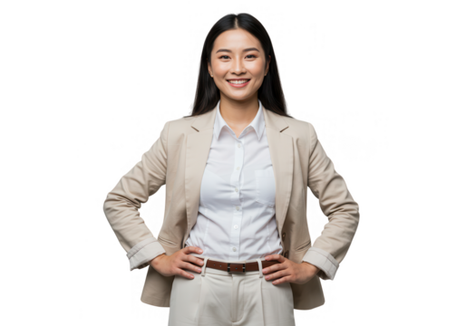 A smiling asian businesswoman in a beige suit stands confidently with hands on her hips isolated on transparent background - Powered by Adobe