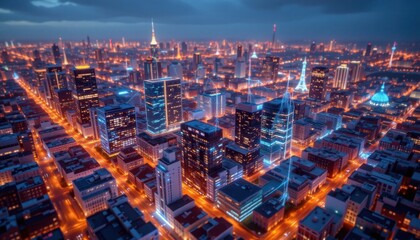 Fototapeta premium Night cityscape glowing with city lights. Skyscrapers and buildings illuminated at night. Aerial view of a modern city at night