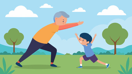 Grandfather playing with grandson outdoors in a park on a sunny day