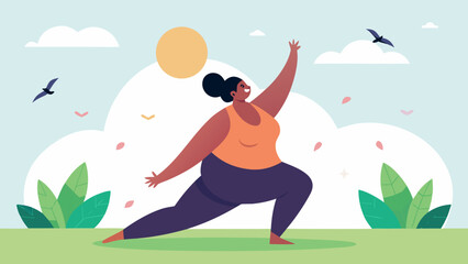 African plus size woman exercising outdoors on a sunny day surrounded by plants and birds