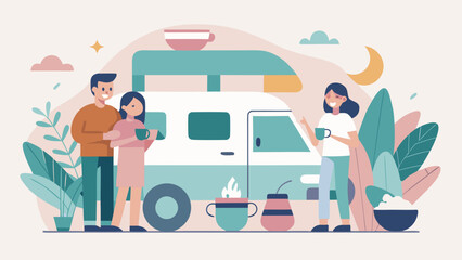 Group of friends enjoying hot drinks next to a camper van during an evening camping trip