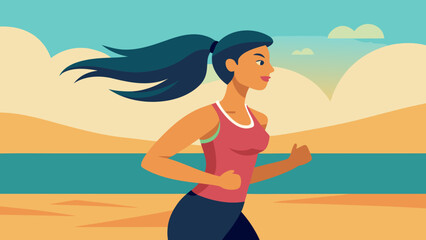 Woman jogging near the beach on a sunny day with ocean and sand in the background