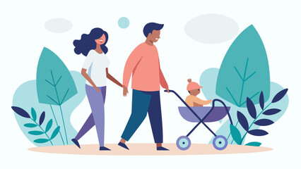Young parents walking with a baby stroller in a park surrounded by greenery