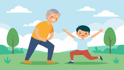 Grandfather and grandson stretching together in a park on a bright sunny day
