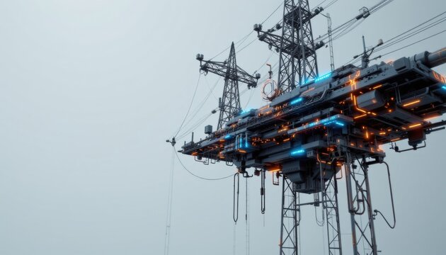 High-tech power station with intricate designs and glowing accents against a clear sky. The structures, which seem futuristic, appear strong and intricate, creating an impressive visual display