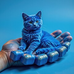 A cute small gray striped kitten with bright eyes sitting on a miniature hand-shaped platform against a cool blue background