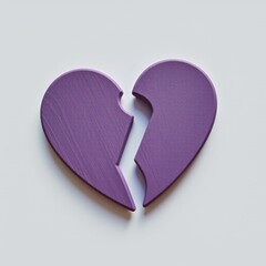 Vibrant purple wooden broken heart puzzle piece with a smooth finish, symbolizing heartache, loss, separation, emotional pain, and relationship breakups isolated on white background