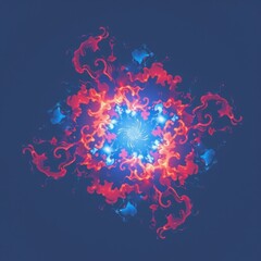 Abstract fiery explosion with swirling flames and bright central glow creating a vibrant dynamic pattern in vivid red orange blue colors on dark background