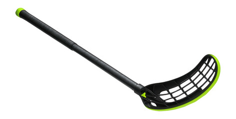 Indoor floorball stick with a curved plastic blade and bright neon accents