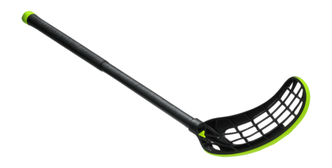 Indoor floorball stick with a curved plastic blade and bright neon accents