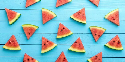Slices of watermelon on blue wooden background. Top view