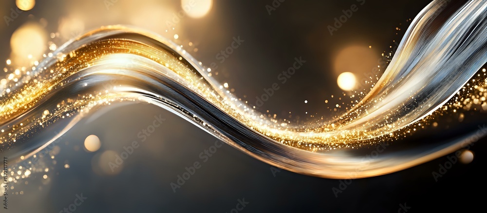 Poster elegant flowing golden and silver waves with sparkling glitter particles and bokeh effects on dark b