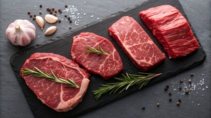 Raw beef steak with rosemary, garlic and peppercorns on slate board