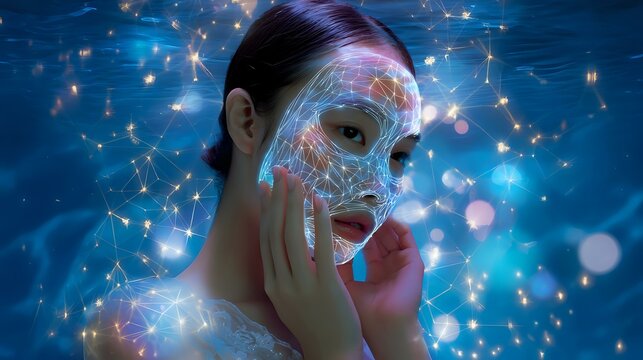 Futuristic glowing mask overlay on Asian woman's face against dark blue background with magical light effects and sparkles creating ethereal atmosphere.