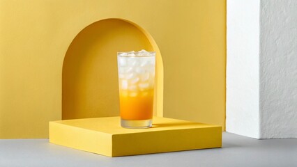 Orange juice with ice in a glass on a yellow and white background