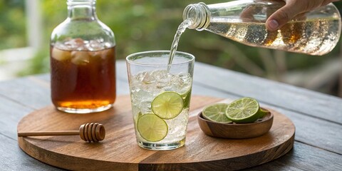 Iced tea with lime and honey in a glass on wooden table