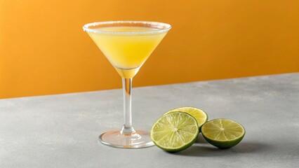 Cocktail with lime and ice on grey table, closeup