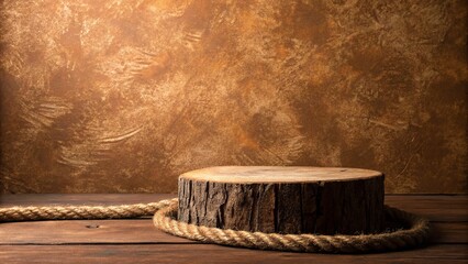 Wooden table in front of a rustic background with a rope.