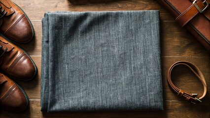 Men's clothing and accessories on a wooden background. Top view.