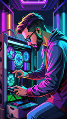 Obraz premium A group of people are dancing in a neon room. The woman is wearing a pink shirt and is the center of attention