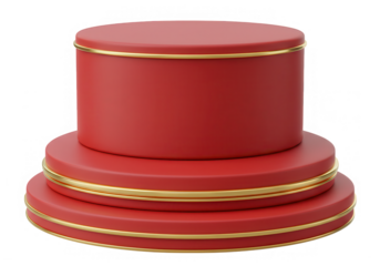 A red and gold podium with three tiers for product display and presentation isolated on transparent background