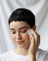 Serene young woman applying ice to face, minimalist style.