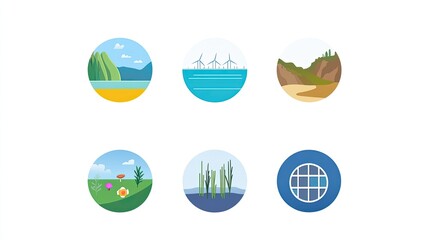Environmental icons depicting nature, wind energy, and global connectivity in circular designs