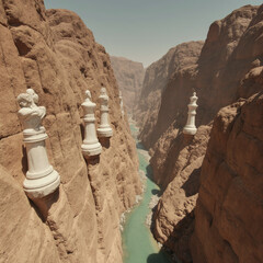 Generative AI Chess Pieces in Canyon Landscape Chess pieces River Rocks Valley Stone 3d render Desert Strategy Challenge Game Vision Leadership Power Imagination Grand scale - Download Now