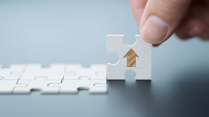 Hand Placing House Icon Puzzle Piece on Gray Surface