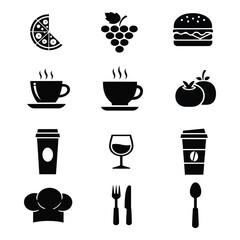 A delightful collection of food and beverage-themed icons, including pizza, drinks, desserts, and chef symbols, all designed in a stylish black silhouette.