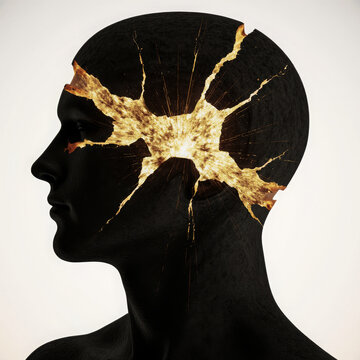 Generative AI Exploding Mind: Breakthrough Concept Head Skull Brain Explode Crack Mind Thinking Idea Human Profile 3d render Glow Light Abstract Anatomy Silhouette Creative - High Quality