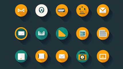 Flat Design Email and Data Icons on Dark Background with Long Shadows