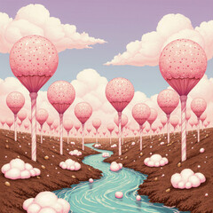 Generative AI Candy Land Landscape with River Lollipop Trees Sky Clouds Pink Brown Blue Whimsical Fantasy Sweet Sugar Cartoon Illustration Field Horizon - Unique Design