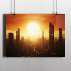 Generative AI Post-Apocalyptic Cityscape Poster Ruins Sun Urban Dystopian City Buildings Sunset Orange Sky Apocalypse Destroyed Future Destruction Resilience Hope - Unique Design