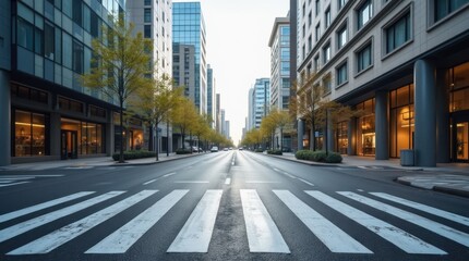 Urban street scene with a clear zebra crossing in the foreground, modern city buildings in the background