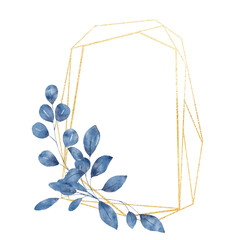 Leaves geometric gold frame. Watercolor hand drawing golden border with place for text, with blue leaf.	
