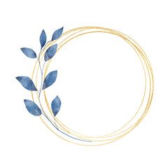 Blue leaves gold frame wreath border. Watercolor hand painting floral geometric background. Leaf, plant, branch isolated on white background.