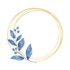 Blue leaves gold frame wreath border. Watercolor hand painting floral geometric background. Leaf, plant, branch isolated on white background.