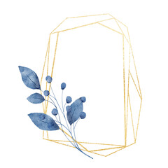 Leaves geometric gold frame. Watercolor hand drawing golden border with place for text, with blue leaf.	