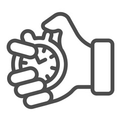 Stopwatch timer in coach hand line icon, sport training concept. Vector graphics. Hand with trainer stopwatch sign on white background, outline style icon for mobile or web design.