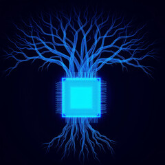 Generative AI AI Brain Tree Chip Technology Cpu Artificial intelligence Neural network Connections Glowing Blue Circuit Motherboard Digital Data Network - High Quality