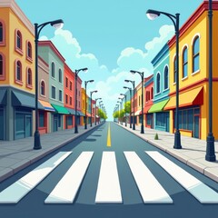 Fototapeta premium illustration of a zebra crossing on a city street, colorful buildings and streetlights in the background