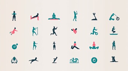 Colorful Silhouettes Depicting Various Activities and Exercises on Cream Background