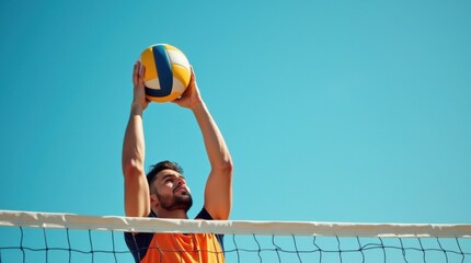 Male athlete spiking a volleyball over the net on an outdoor court under a clear blue summer sky
