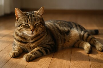 Brown tabby cat lying comfortably on a wooden floor