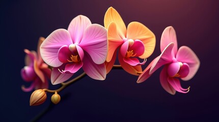  orchid flower with delicate petals and intricate textures, glowing softly against a deep dark background