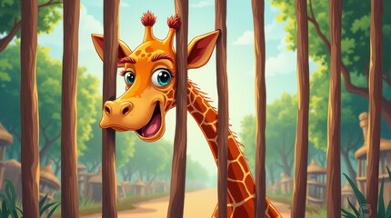 a giraffe inside a zoo cage, long neck and head peeking through the bars, playful and expressive style, bright colors, and a lively background suggesting a zoo environment