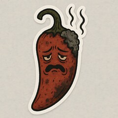 A cartoon chili pepper sticker with a sad expression and a bit of grime.